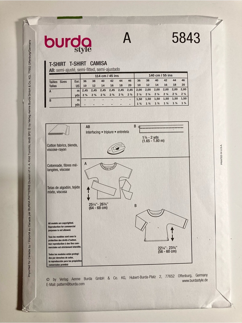 Burda 5843 Easy Semi-Fitted Boat Neck T-Shirt Blouse Top Sewing Pattern 10 - 20 - Picture 3 of 3
